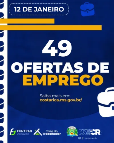 Imagem da notícia Fique ligado: Casa do trabalhador de Costa Rica oferece 49 vagas nesta segunda